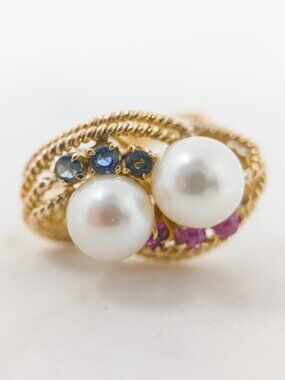 14K Gold Pearl Ring with Sapphire & Ruby Accents – Double Pearl Design – Size 5